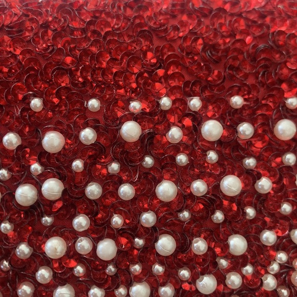 Santi Red Sequin Imitation Pearl Satin Clutch - Picture 6 of 7